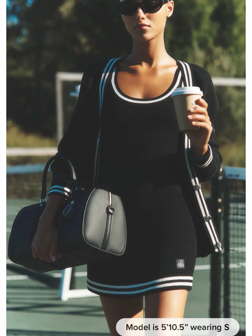 ALO Yoga Black Knit Tennis Dress with White Stripe Trimmer